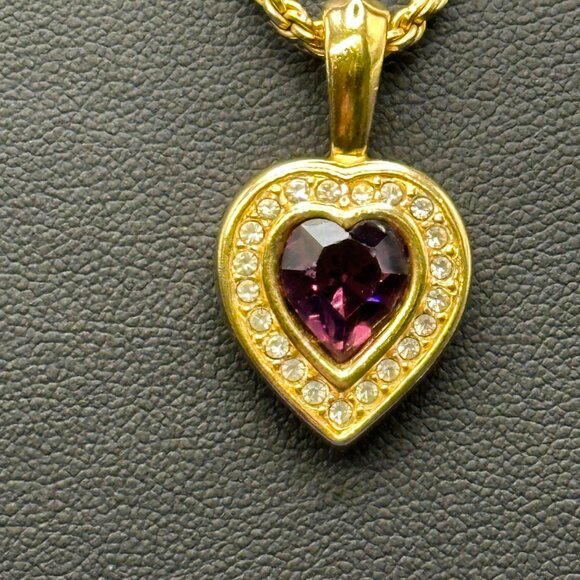 VTG Swarovski S.A.L. Faux Amethyst & Crystals on Gold-Tone Heart Pendant - Picture 7 of 11